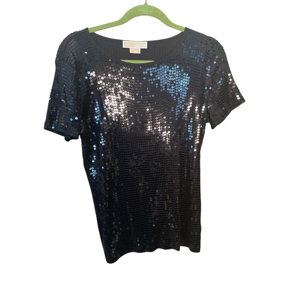 Michael Kors Sequin Top Short Sleeve Crew Neck 100% Cotton Black‎ Size Large NEW